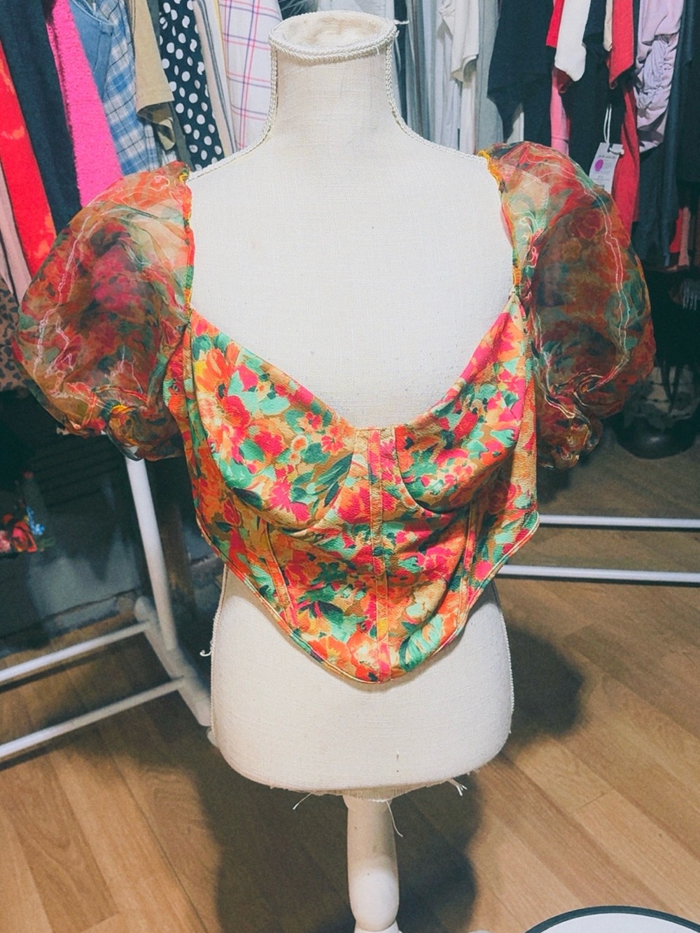 Floral Puff-Sleeve Corset Blouse - Pink & Green